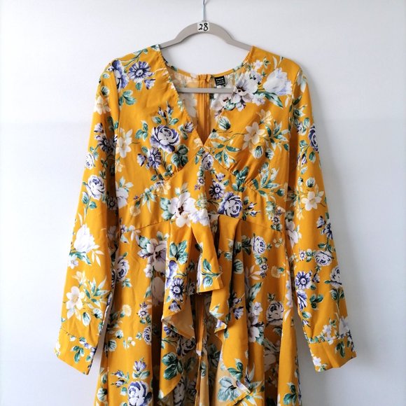 Shein Womens Yellow Clasi Floral Print Self Belted Ruffle Dip Hem Blouse Size L - Picture 2 of 7
